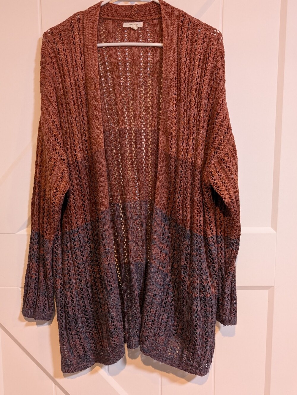 Open-Front Knit Cardigan Sweater in Rust and Brown And Blue
